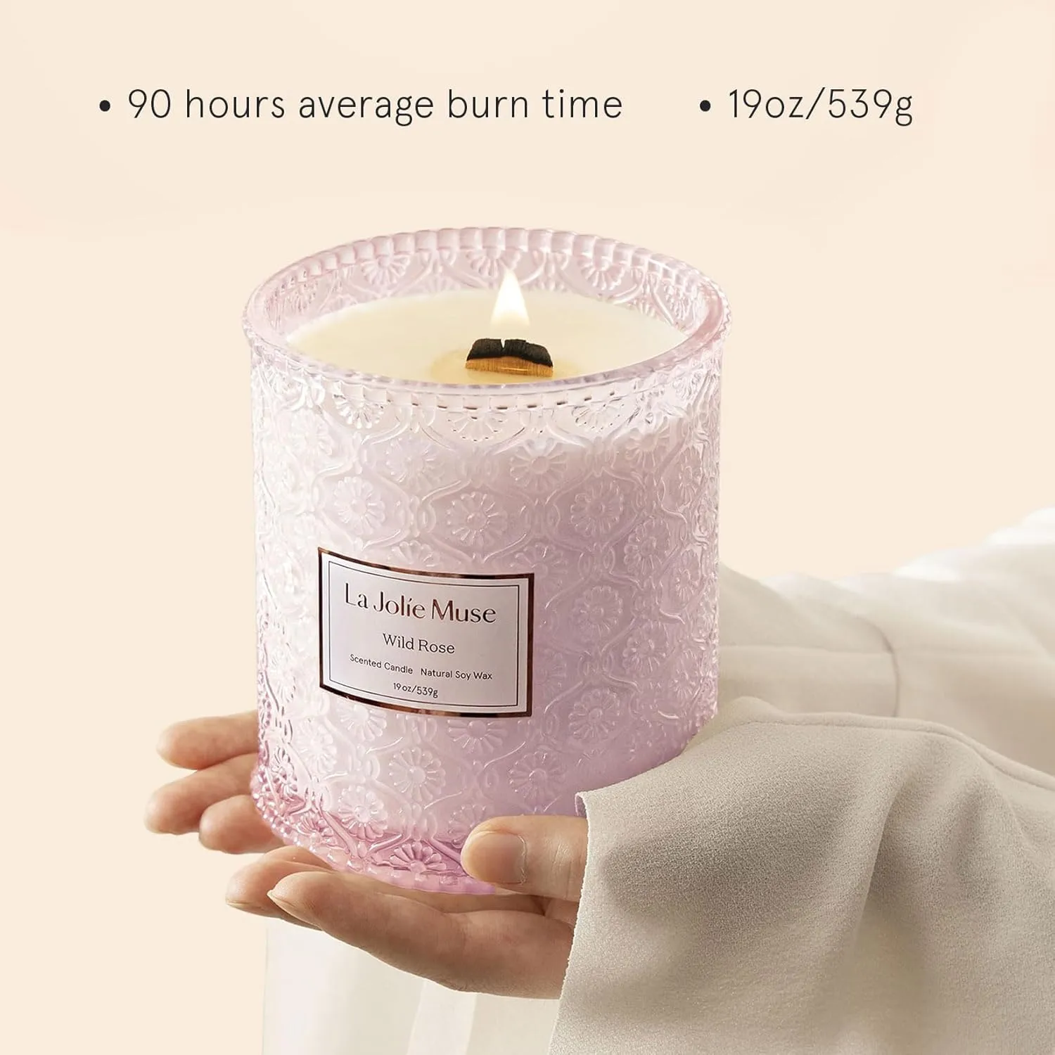LA JOLIE MUSE Rose Noir & Oud Candle, 19 Oz, Pink Rose Scented Candle Gift, Wood Wicked Large Candles for Home Scented, Long Burning Time