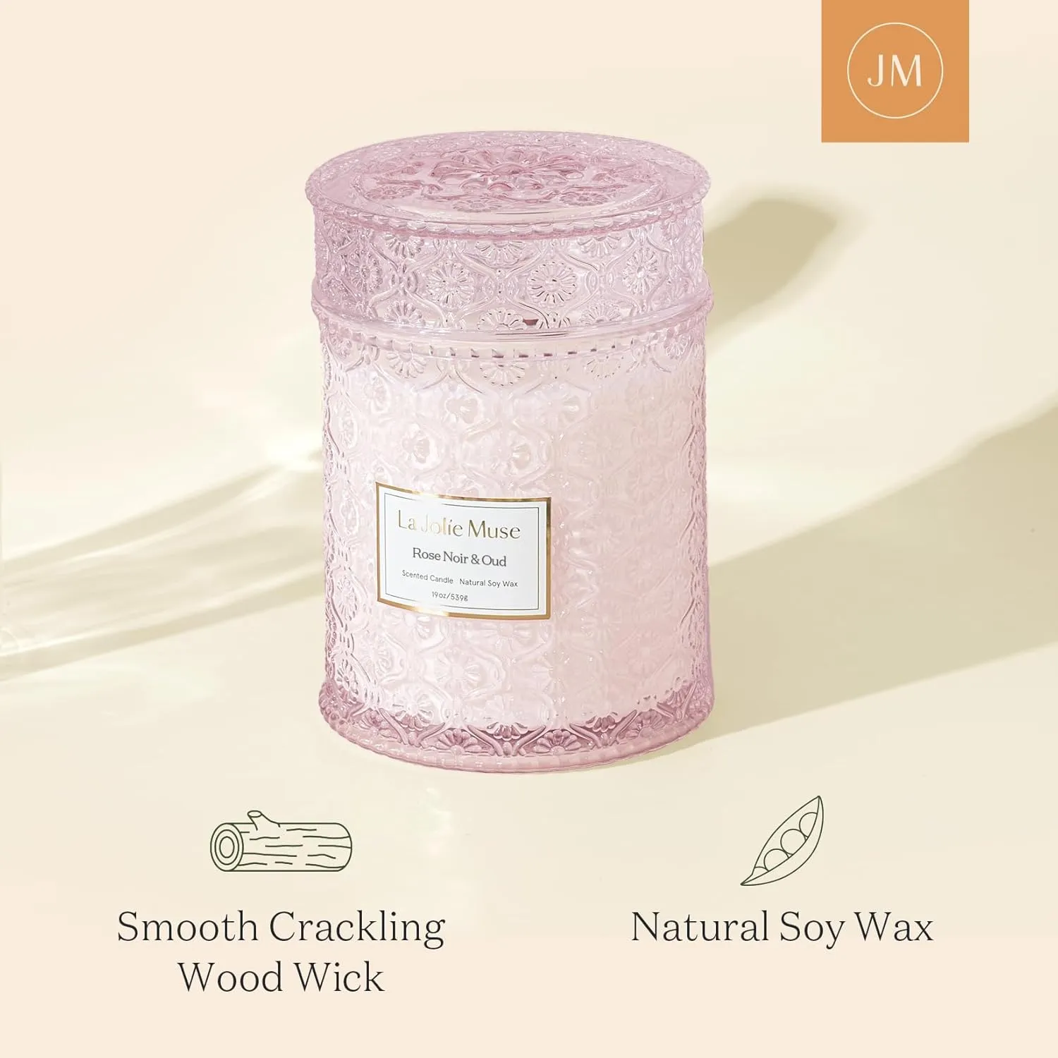 LA JOLIE MUSE Rose Noir & Oud Candle, 19 Oz, Pink Rose Scented Candle Gift, Wood Wicked Large Candles for Home Scented, Long Burning Time