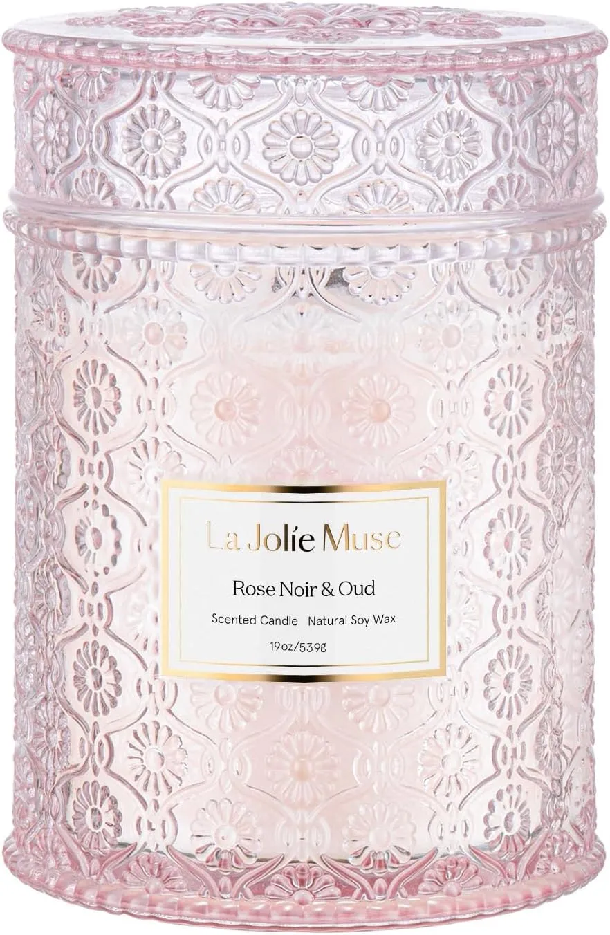LA JOLIE MUSE Rose Noir & Oud Candle, 19 Oz, Pink Rose Scented Candle Gift, Wood Wicked Large Candles for Home Scented, Long Burning Time