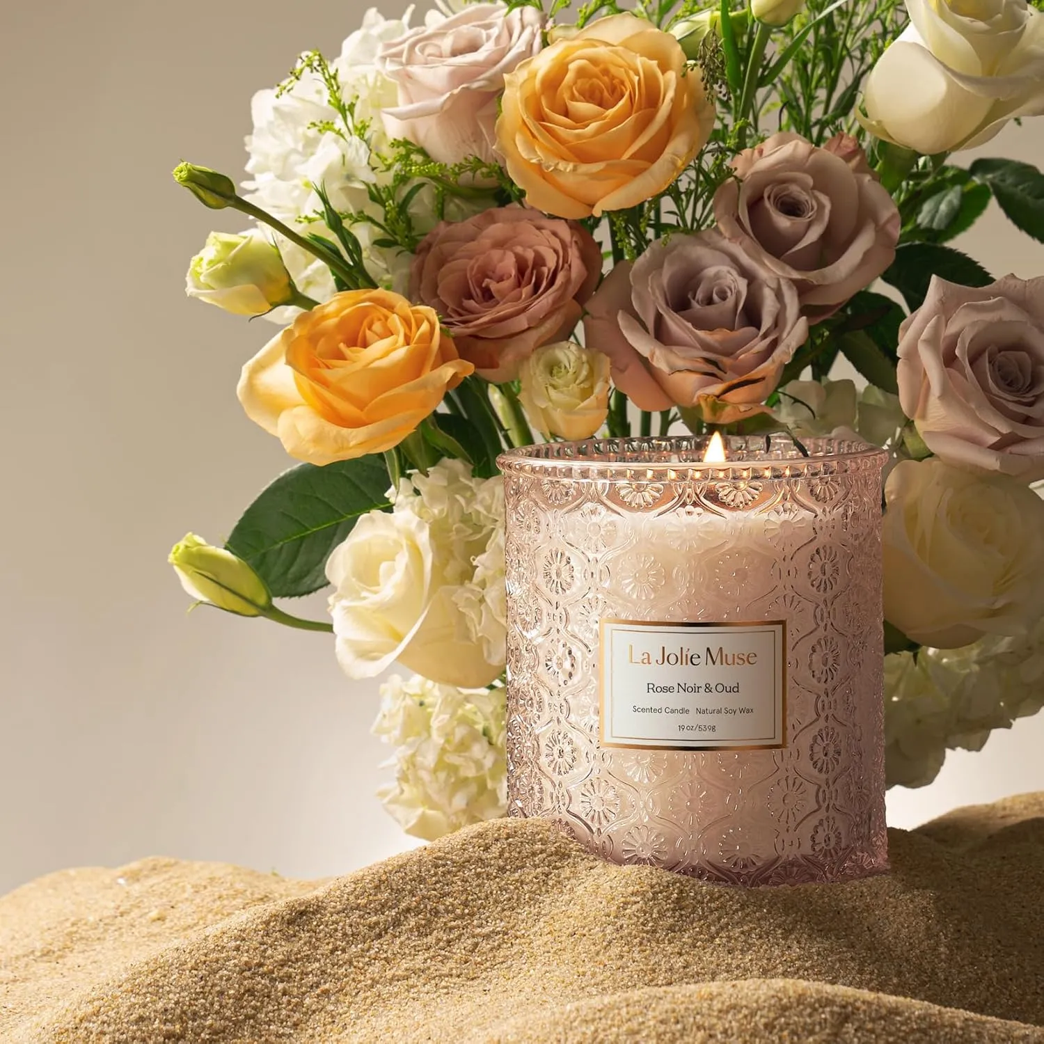 LA JOLIE MUSE Rose Noir & Oud Candle, 19 Oz, Pink Rose Scented Candle Gift, Wood Wicked Large Candles for Home Scented, Long Burning Time