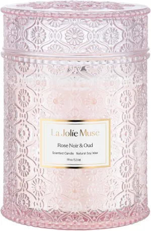 LA JOLIE MUSE Rose Noir & Oud Candle, 19 Oz, Pink Rose Scented Candle Gift, Wood Wicked Large Candles for Home Scented, Long Burning Time