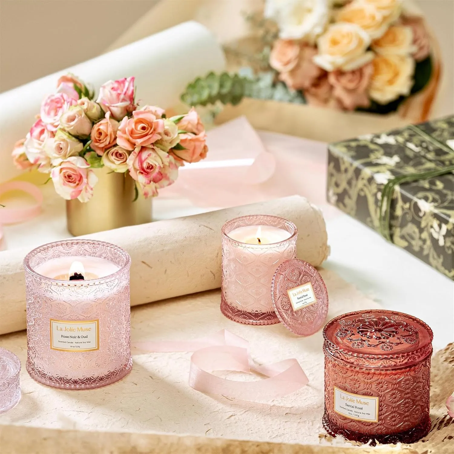 LA JOLIE MUSE Rose Noir & Oud Candle, 19 Oz, Pink Rose Scented Candle Gift, Wood Wicked Large Candles for Home Scented, Long Burning Time