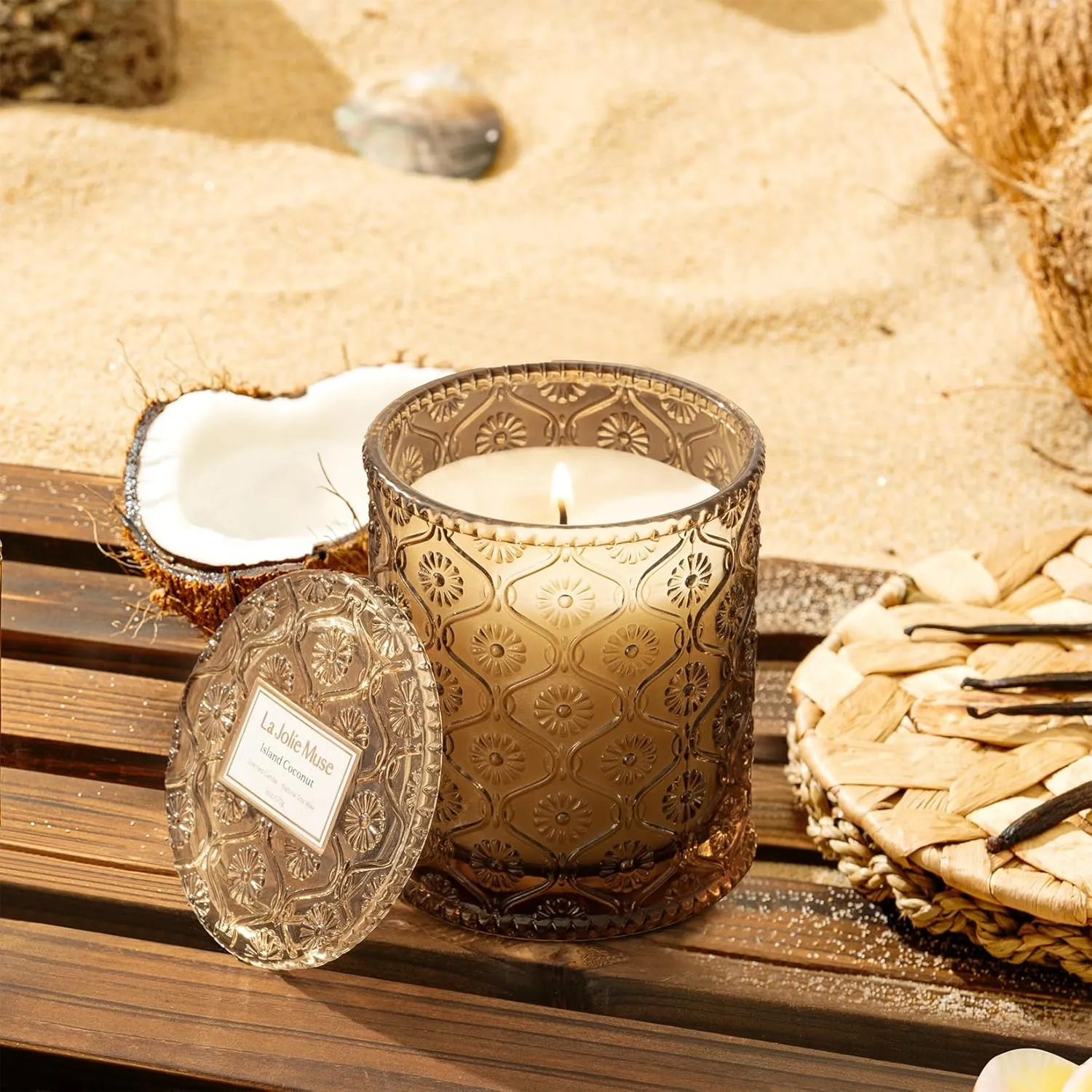 LA JOLIE MUSE Vanilla Coconut Scented Candles, Island Coconut Candles for Home Scented, Luxury Candles Gifts for Mom, Natural Soy Wax Candle, 6 oz 40 Hours Burn