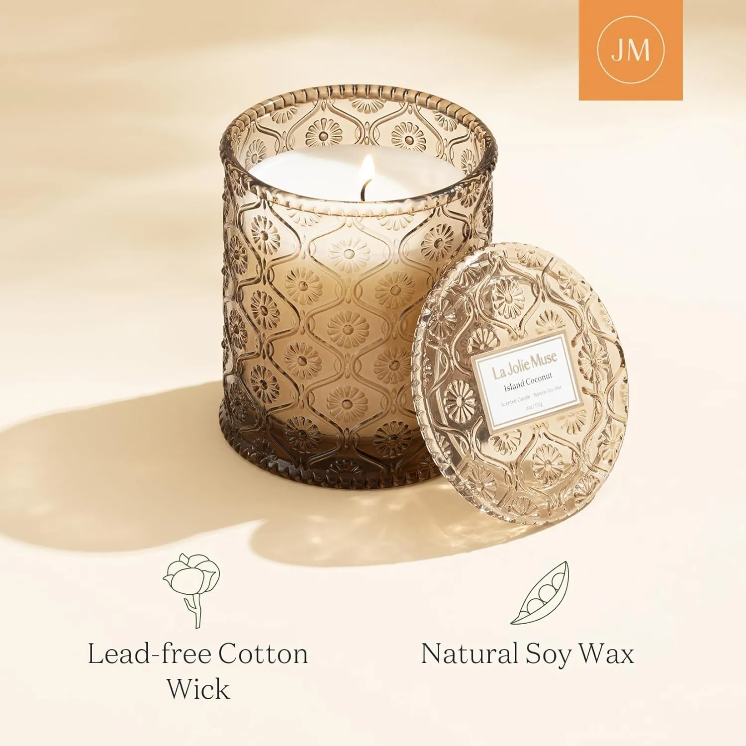 LA JOLIE MUSE Vanilla Coconut Scented Candles, Island Coconut Candles for Home Scented, Luxury Candles Gifts for Mom, Natural Soy Wax Candle, 6 oz 40 Hours Burn