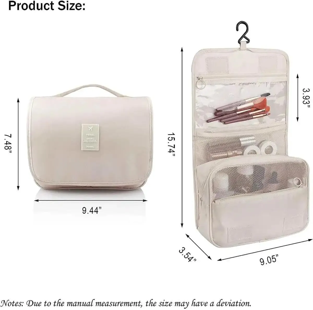 Large capacity toiletry bag travel bag with hook, suitable for men and women, waterproof travel cosmetic bag bathroom, can be closed automatically, used to hold headphones, lipstick and jewelry(Beige)