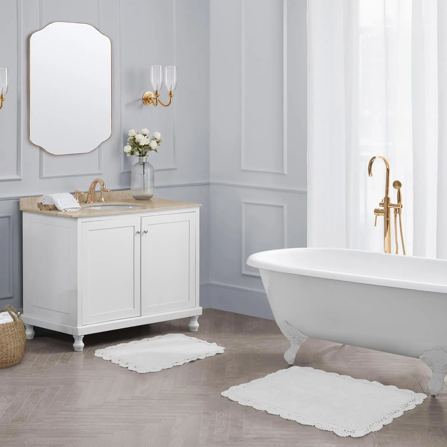 Laura Ashley Crochet Cotton 17x24/21x34 in. 2-Piece Bath Rug Set, Creamy White