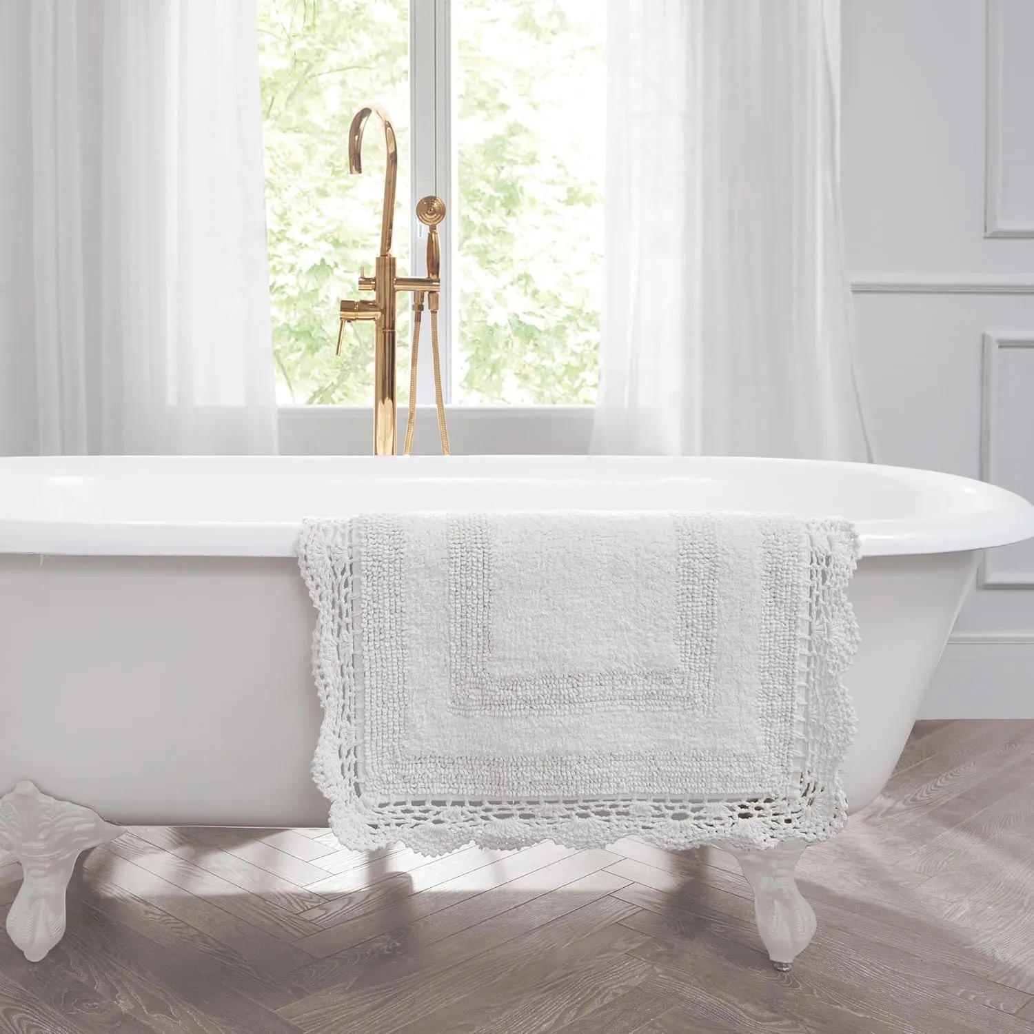 Laura Ashley Crochet Cotton 17x24/21x34 in. 2-Piece Bath Rug Set, Creamy White