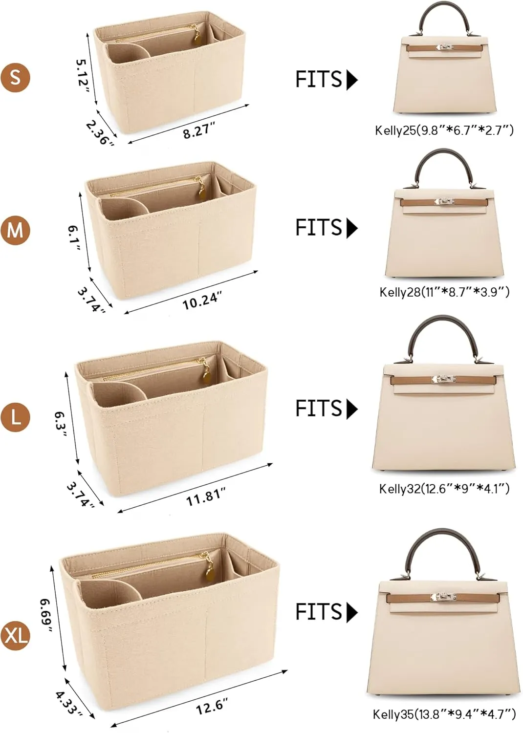 LEXSION Felt Purse Organizer Insert for Handbags with Zipper for Kelly 28,Bag Organizer with Removable Bottle Holder 8032 Beige Medium