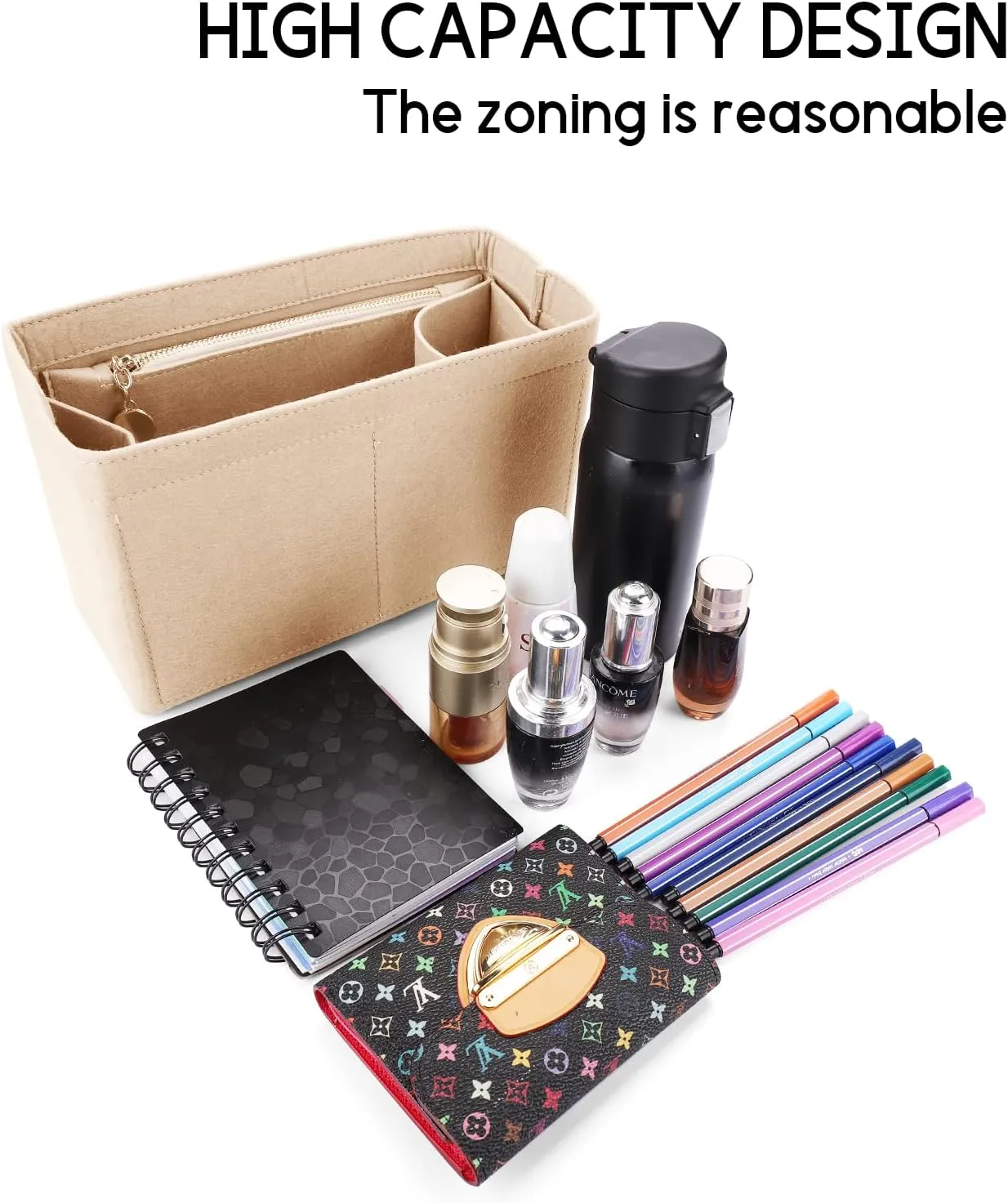 LEXSION Felt Purse Organizer Insert for Handbags with Zipper for Kelly 28,Bag Organizer with Removable Bottle Holder 8032 Beige Medium