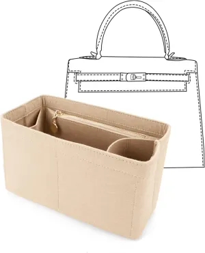 LEXSION Felt Purse Organizer Insert for Handbags with Zipper for Kelly 28,Bag Organizer with Removable Bottle Holder 8032 Beige Medium