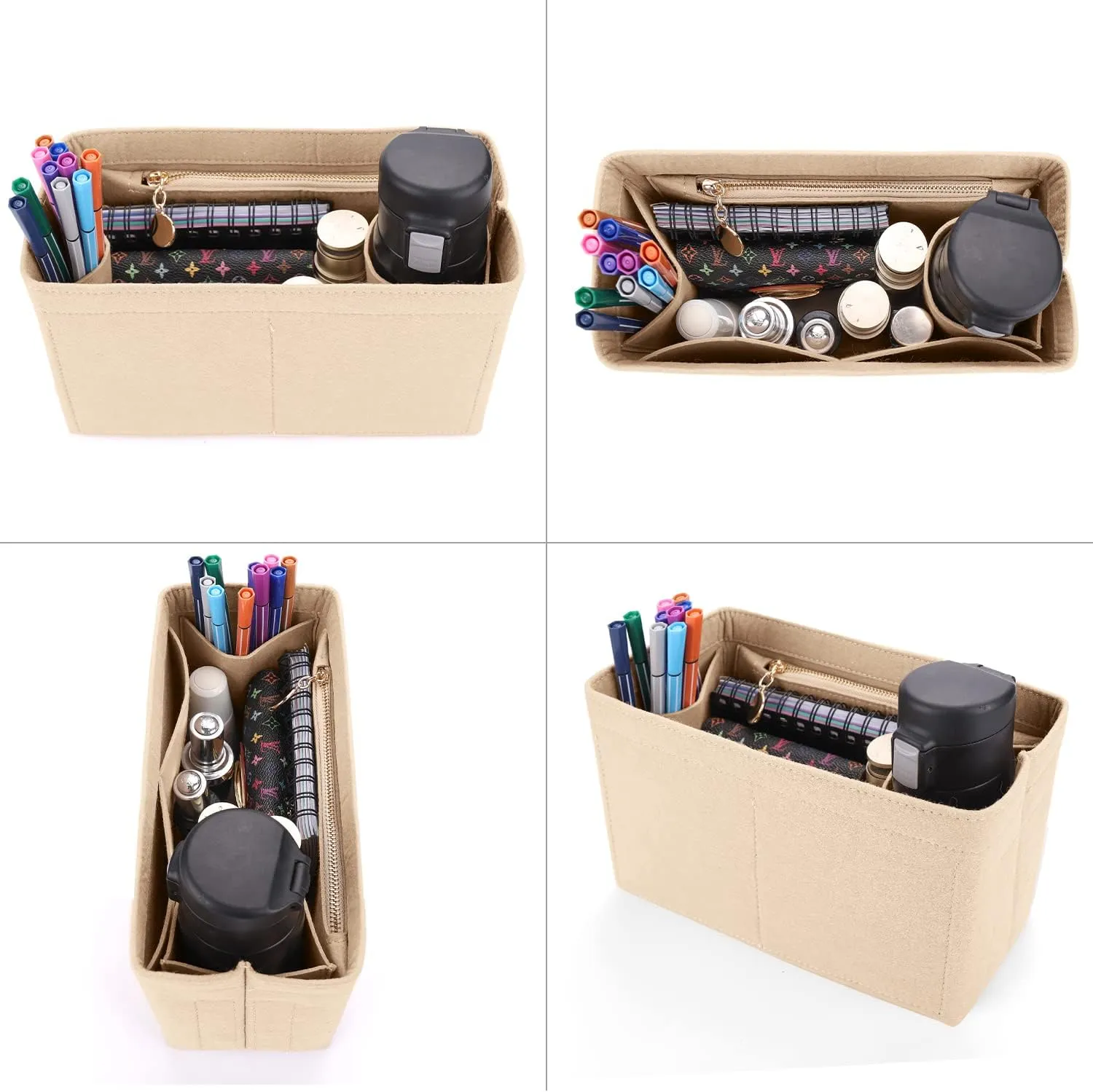 LEXSION Felt Purse Organizer Insert for Handbags with Zipper for Kelly 28,Bag Organizer with Removable Bottle Holder 8032 Beige Medium
