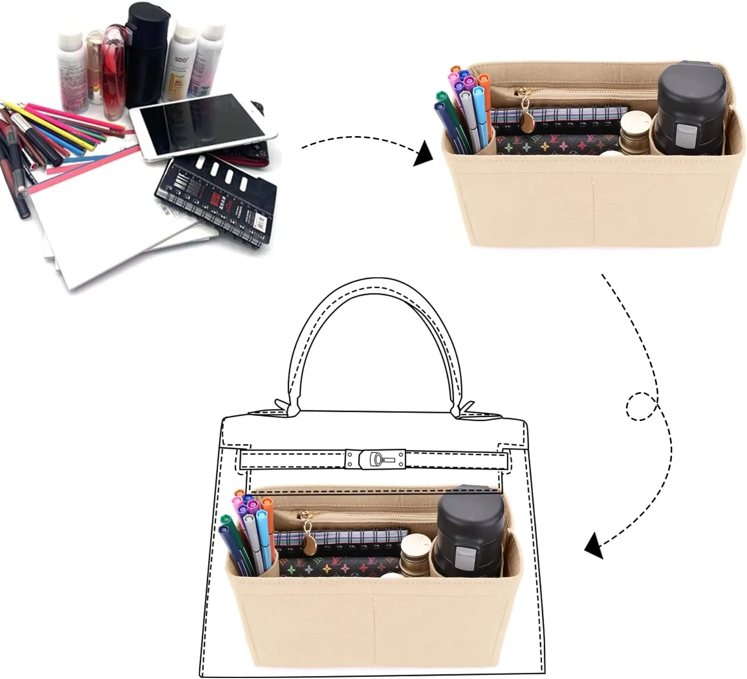 LEXSION Felt Purse Organizer Insert for Handbags with Zipper for Kelly 28,Bag Organizer with Removable Bottle Holder 8032 Beige Medium