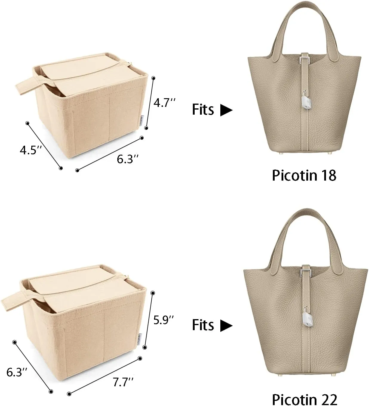LEXSION Felt Purse Organizer Insert for Picotin 22,Bag Organizer with Detachable Zipper cover 8031 Beige L