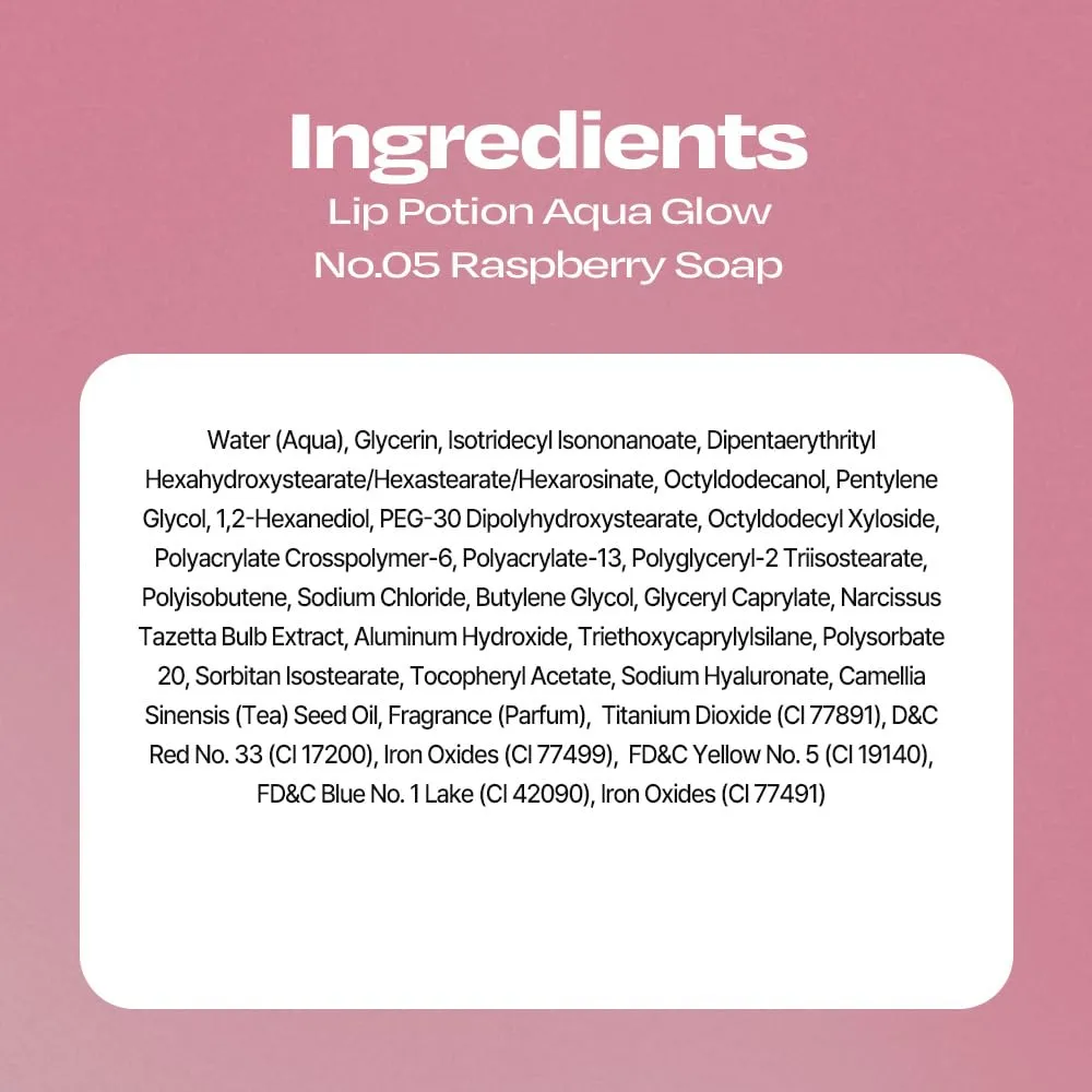 Lip Potion Aqua Glow No.5 Raspberry Soap | Hydrating, Non-Sticky Gloss with Sheer Radiance | 0.3 Oz