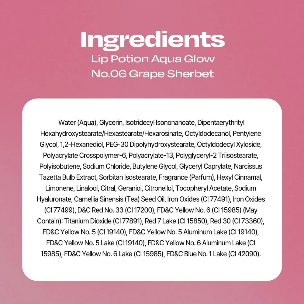 Lip Potion Aqua Glow No.6 Grape Sherbet | Hydrating, Non-Sticky Gloss with Sheer Radiance | 0.3 Oz