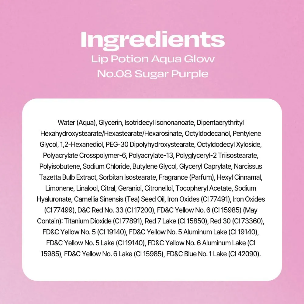 Lip Potion Aqua Glow No.8 Sugar Purple | Hydrating, Non-Sticky Gloss with Sheer Radiance | 0.3 Oz