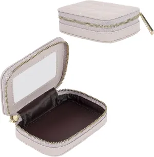 Lipstick Holder with Mirror for Purse, Genuine Leather Makeup Case, Compact Zippered Travel Cosmetic Organizer, Beige