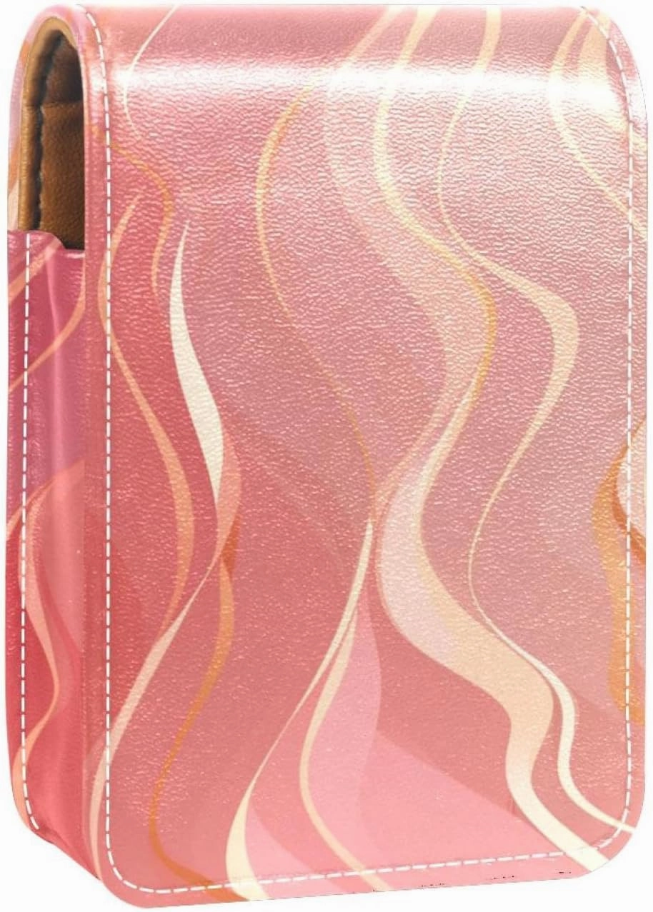 Lipstick Case,Leather Lip Gloss Lipstick Organizer with Mirror,Mini Lipstick Holder Bag,Abstract Marble Print Rose Gold