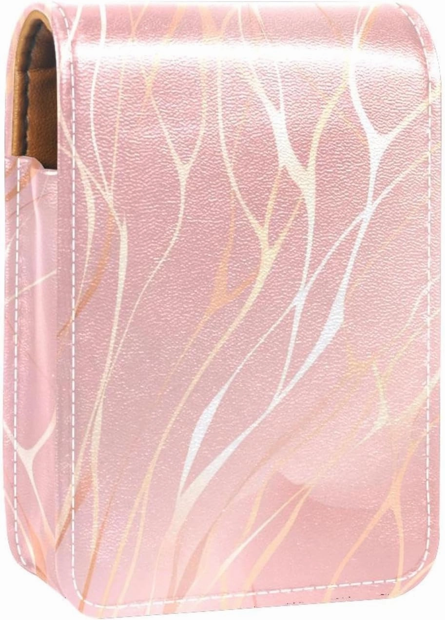 Lipstick Case,Leather Lip Gloss Lipstick Organizer with Mirror,Mini Lipstick Holder Bag,Abstract Marble Print Rose Gold