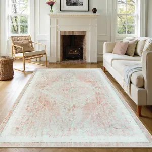 LIVEBOX 5x7 Soft Boho Pink Rugs for Bedroom Girls, Non-Slip Faux Wool Area Rug for Bedroom, Ultra-Thin Machine Washable Area Rug for Girls Room, Non-Shedding Rugs for Kids Room