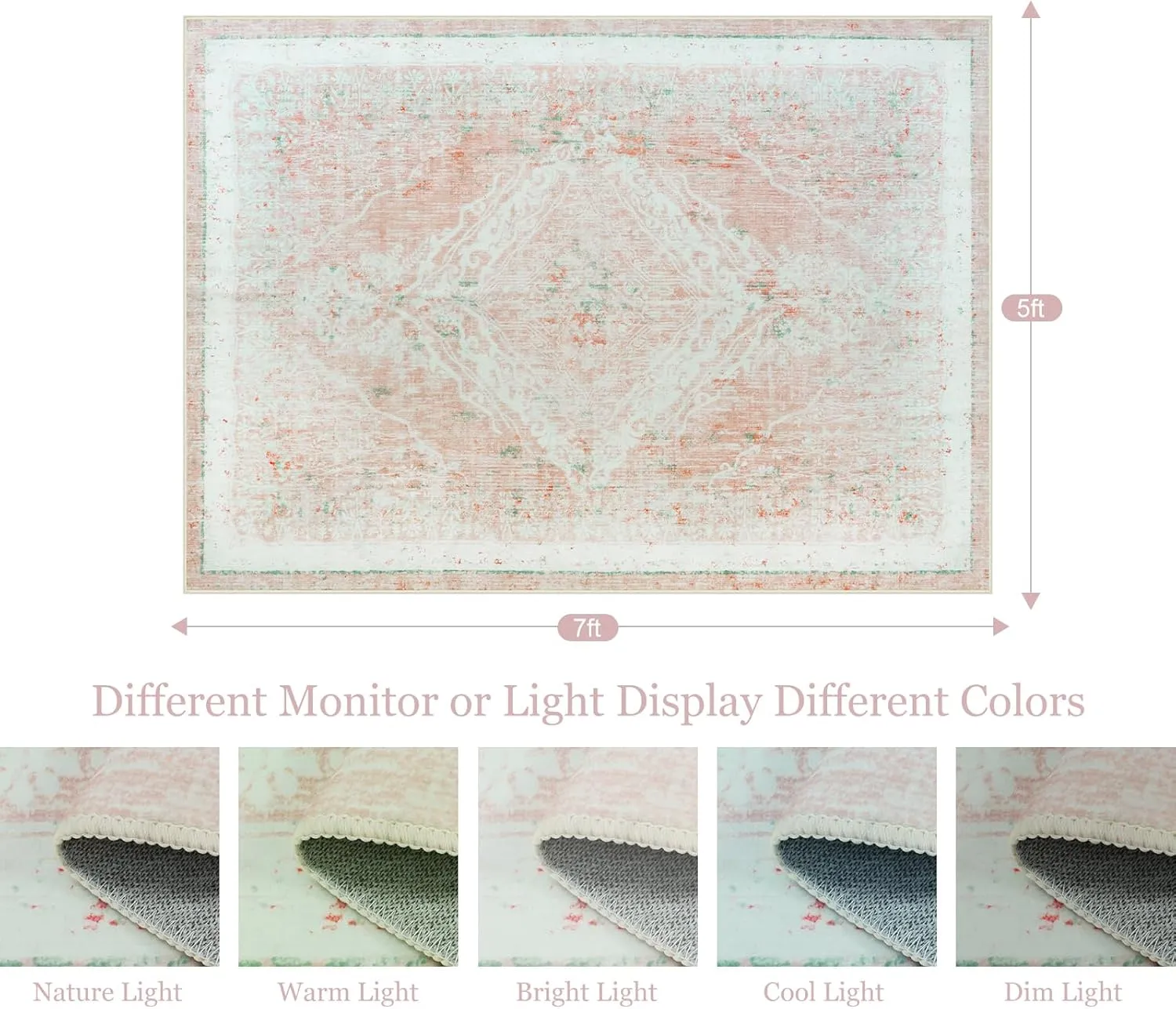 LIVEBOX 5x7 Soft Boho Pink Rugs for Bedroom Girls, Non-Slip Faux Wool Area Rug for Bedroom, Ultra-Thin Machine Washable Area Rug for Girls Room, Non-Shedding Rugs for Kids Room