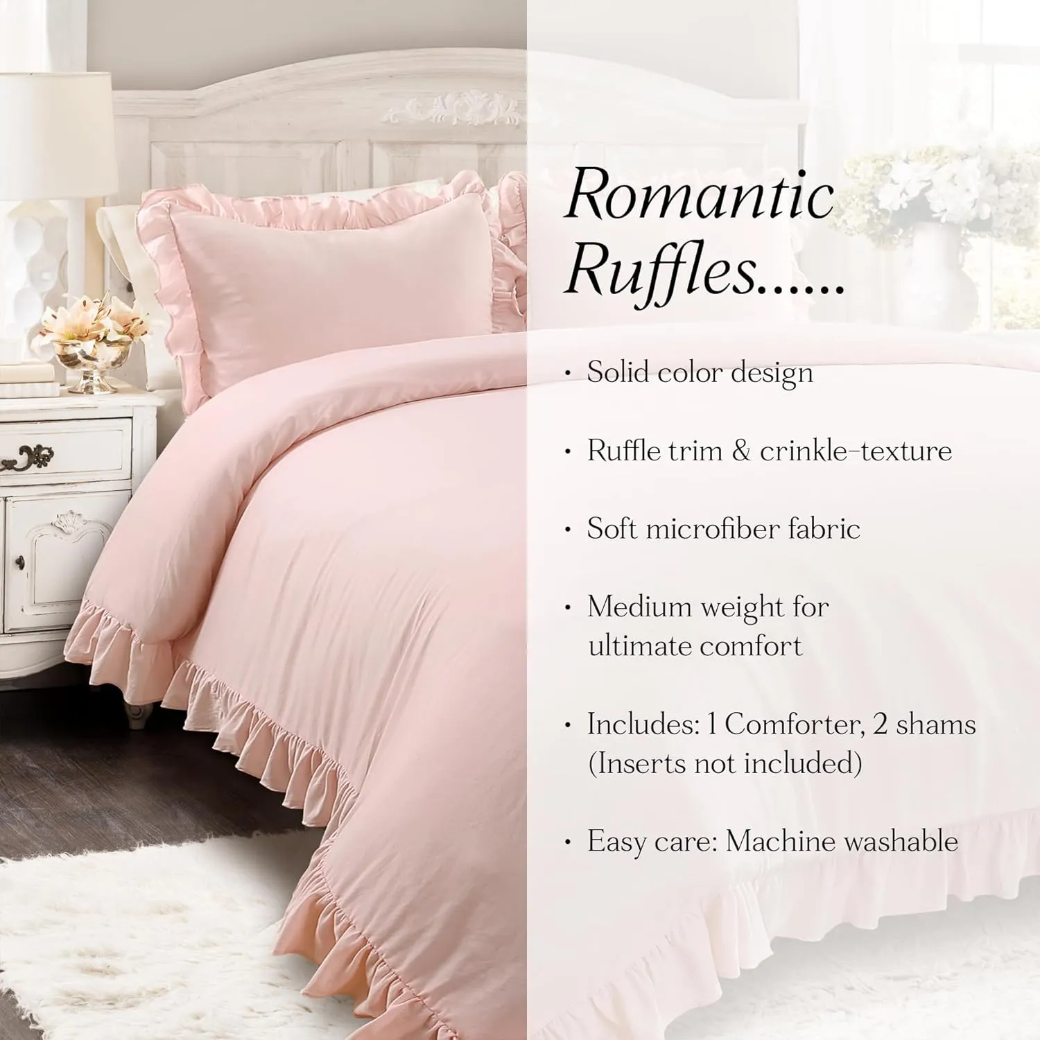Lush Decor Reyna Ruffle Comforter Set - 3 Piece Cozy Ruffled Bedding Set - Timeless Elegance and Comfort for Dorm Room - Full/ Queen, Blush