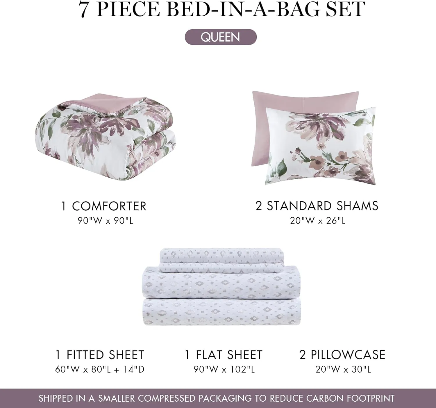 Madison Park Queen Comforter Set with Sheets, Floral Print, Microfiber Comforter for a Queen-Size Bed, Shabby Chic Bed in a Bag Set Diamond Printed Sheet, Alice, Queen Mauve 7 Piece