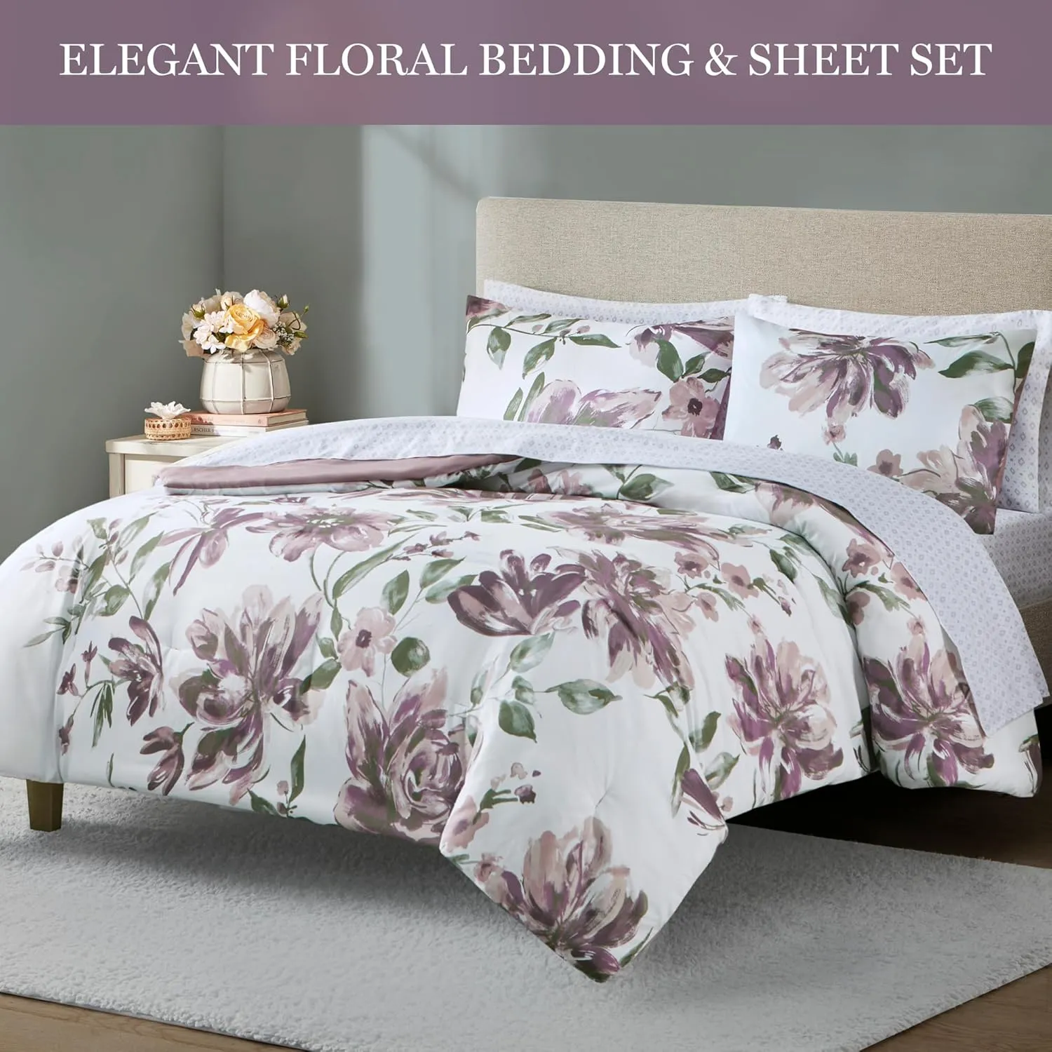 Madison Park Queen Comforter Set with Sheets, Floral Print, Microfiber Comforter for a Queen-Size Bed, Shabby Chic Bed in a Bag Set Diamond Printed Sheet, Alice, Queen Mauve 7 Piece