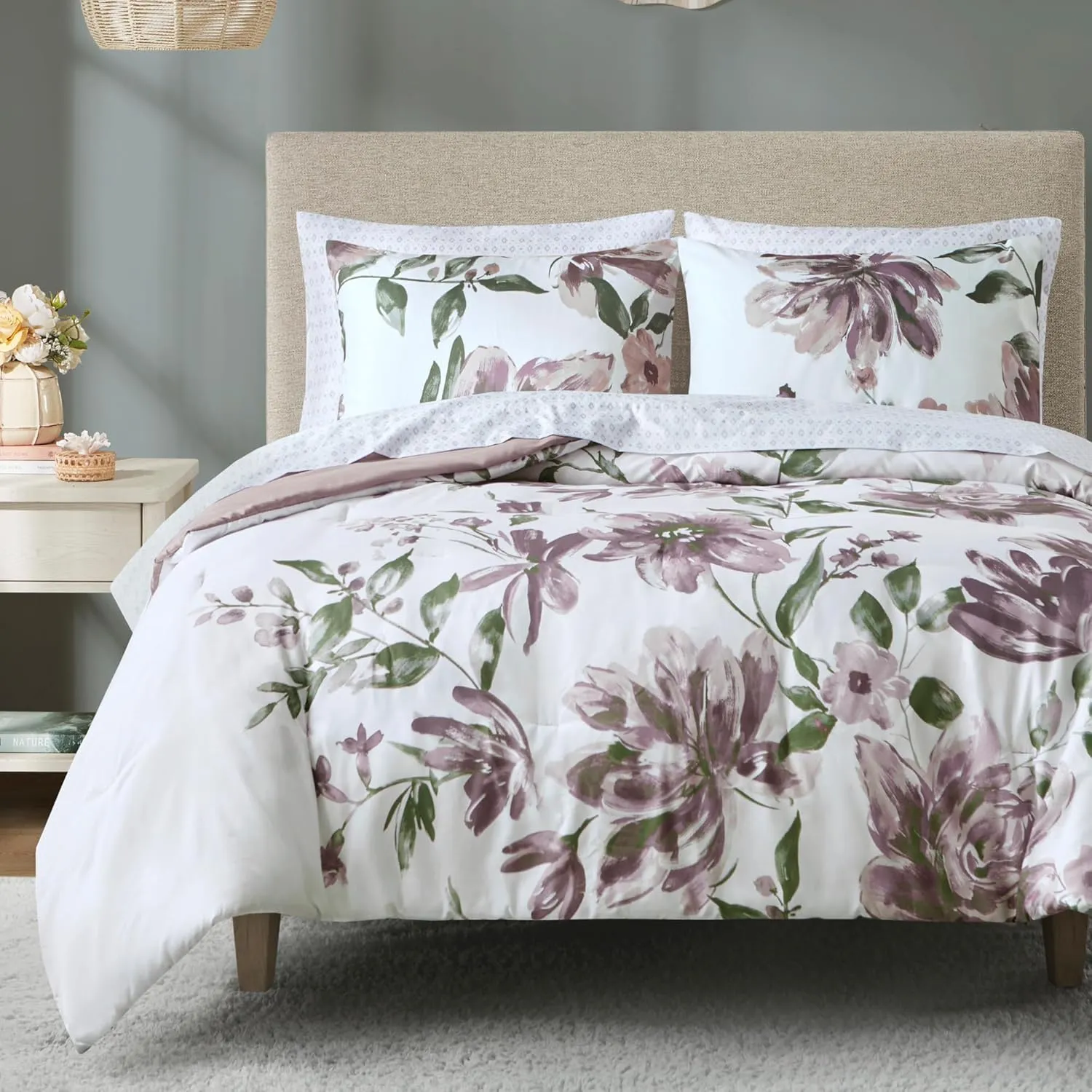 Madison Park Queen Comforter Set with Sheets, Floral Print, Microfiber Comforter for a Queen-Size Bed, Shabby Chic Bed in a Bag Set Diamond Printed Sheet, Alice, Queen Mauve 7 Piece