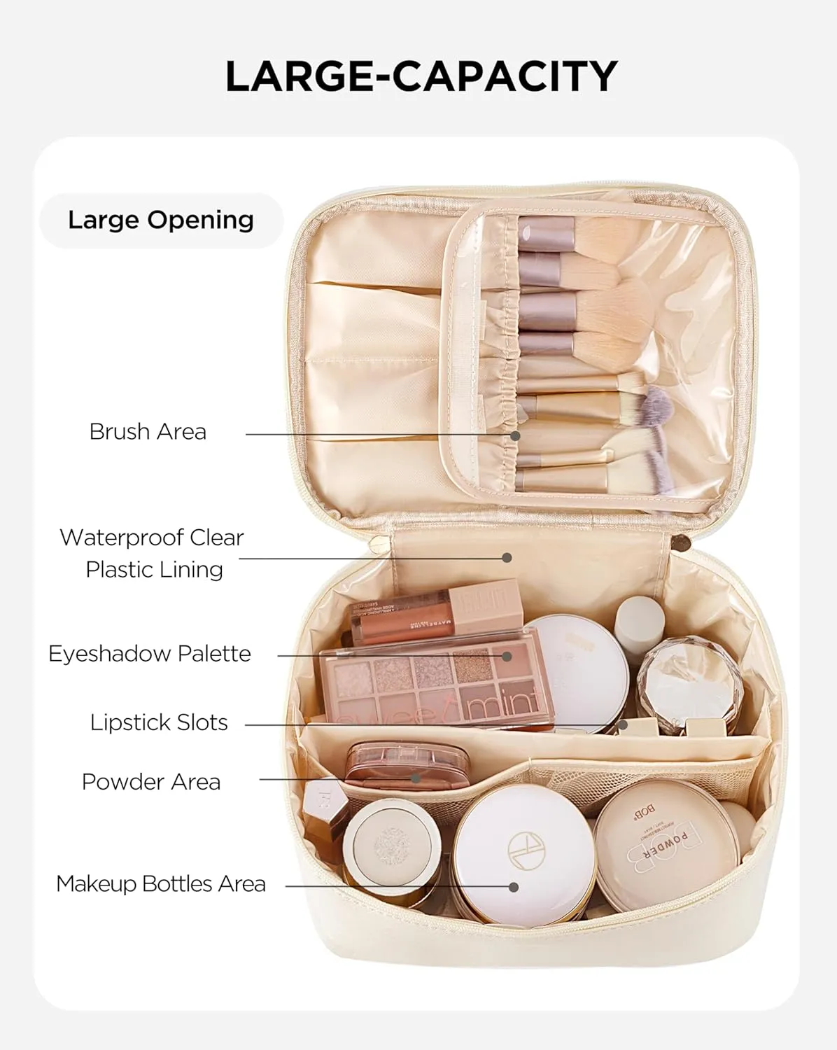 Makeup Bag for Women Large Travel Makeup Bag Organizer Portable Toiletry Bag Cute Makeup Bags Waterproof Leather Cosmetic Bag Makeup Case with Removable Dividers, Beige