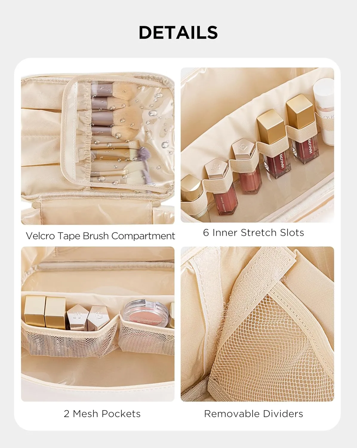 Makeup Bag for Women Large Travel Makeup Bag Organizer Portable Toiletry Bag Cute Makeup Bags Waterproof Leather Cosmetic Bag Makeup Case with Removable Dividers, Beige