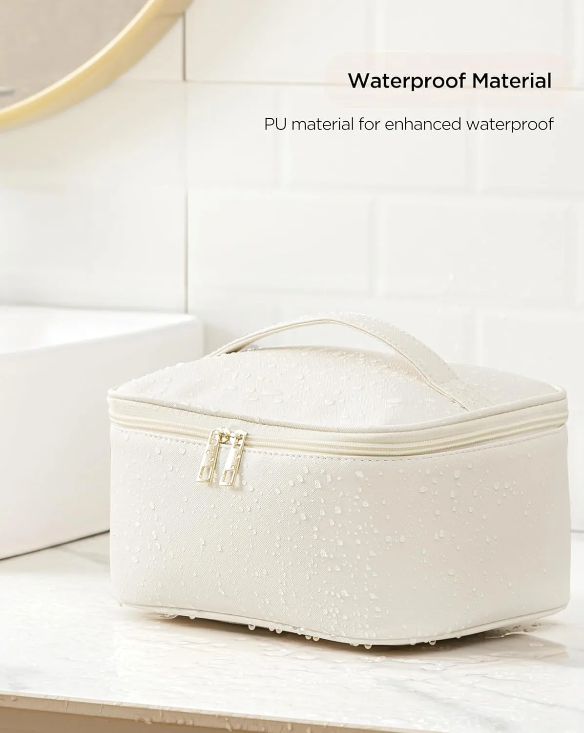 Makeup Bag for Women Large Travel Makeup Bag Organizer Portable Toiletry Bag Cute Makeup Bags Waterproof Leather Cosmetic Bag Makeup Case with Removable Dividers, Beige