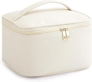 Makeup Bag for Women Large Travel Makeup Bag Organizer Portable Toiletry Bag Cute Makeup Bags Waterproof Leather Cosmetic Bag Makeup Case with Removable Dividers, Beige