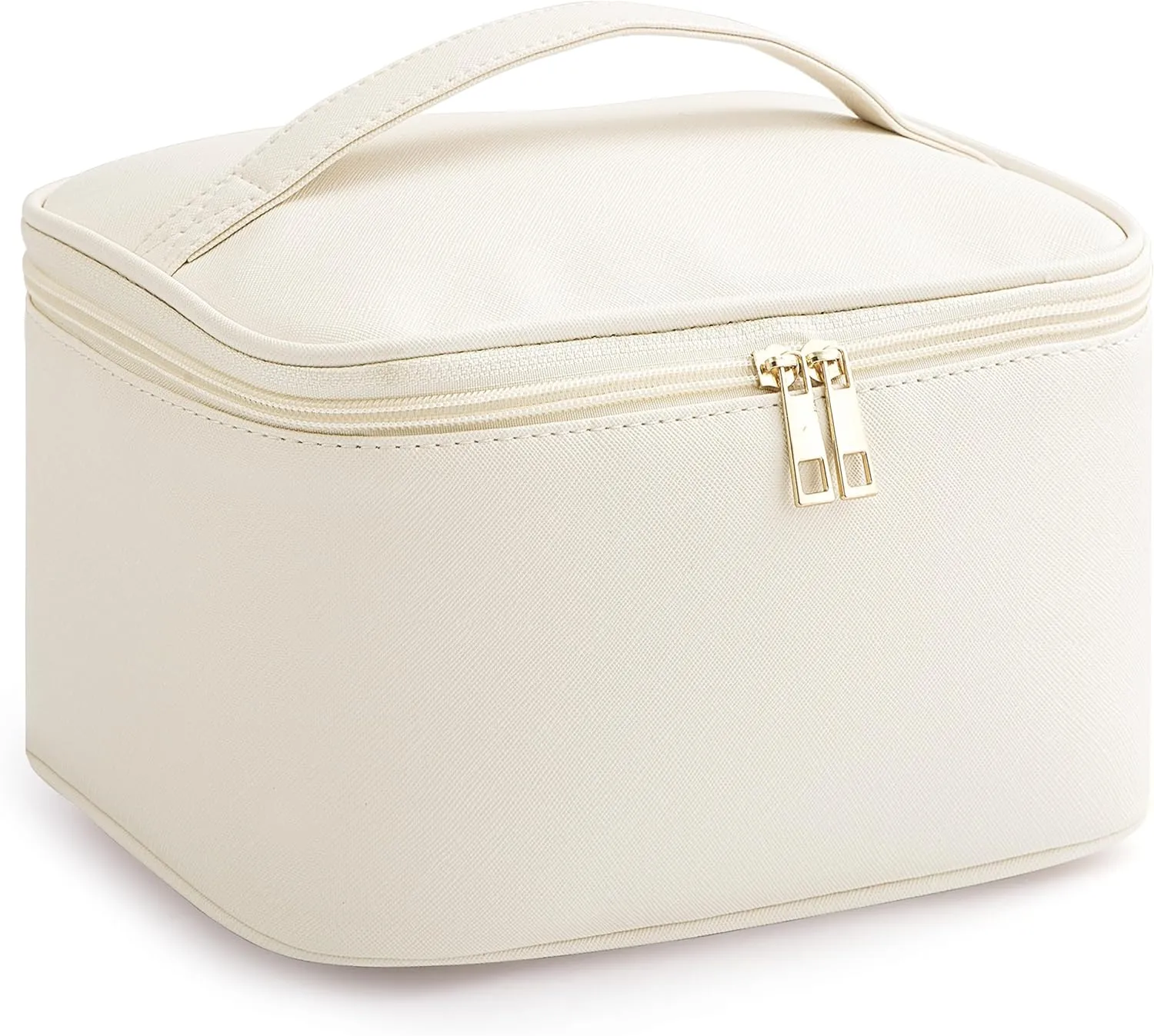 Makeup Bag for Women Large Travel Makeup Bag Organizer Portable Toiletry Bag Cute Makeup Bags Waterproof Leather Cosmetic Bag Makeup Case with Removable Dividers, Beige