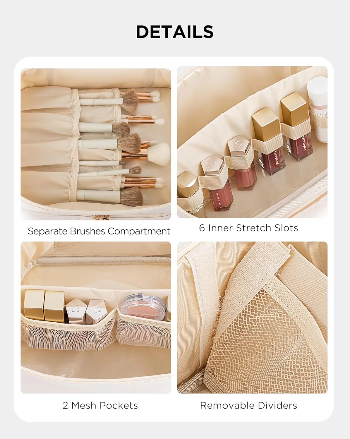 Makeup Bag for Women X-Large Travel Makeup Bag Organizer Portable Toiletry Bag Cute Makeup Bags Waterproof Leather Cosmetic Bag Makeup Case with Removable Dividers, Beige