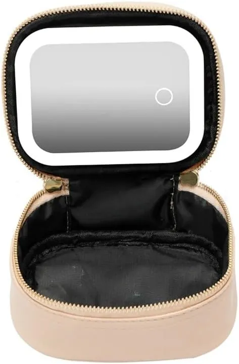 Makeup Bag with Mirror Pu Leather LED Makeup Storage Box with Mirror Portable Cosmetic Storage Case Lipstick Makeup Tools Box(Beige)