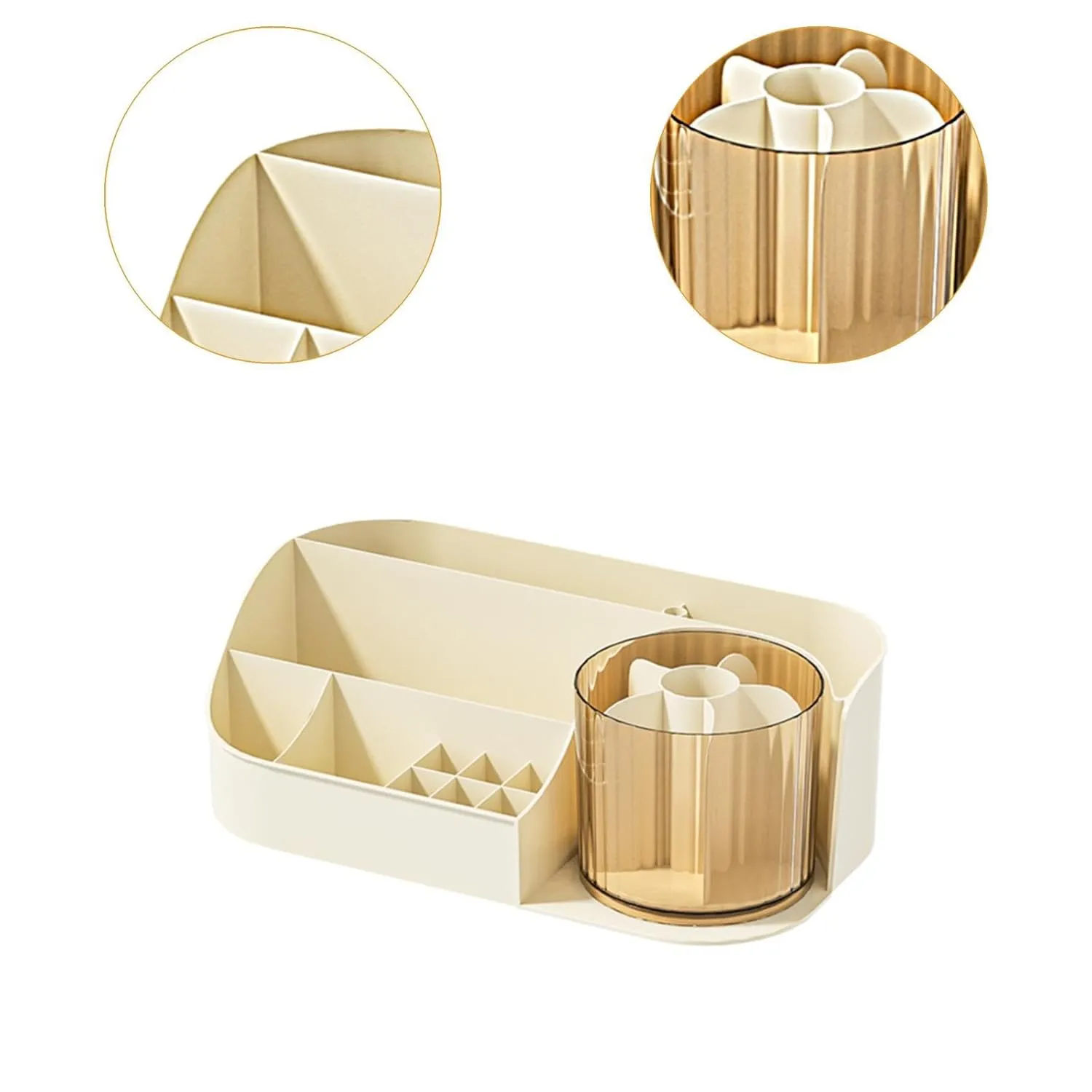 Makeup Desk Organizer Skincare Organiser, Decorative Lipstick Brush Holders Cosmetic Storage Countertop Organizer for Desktop, Beige Single