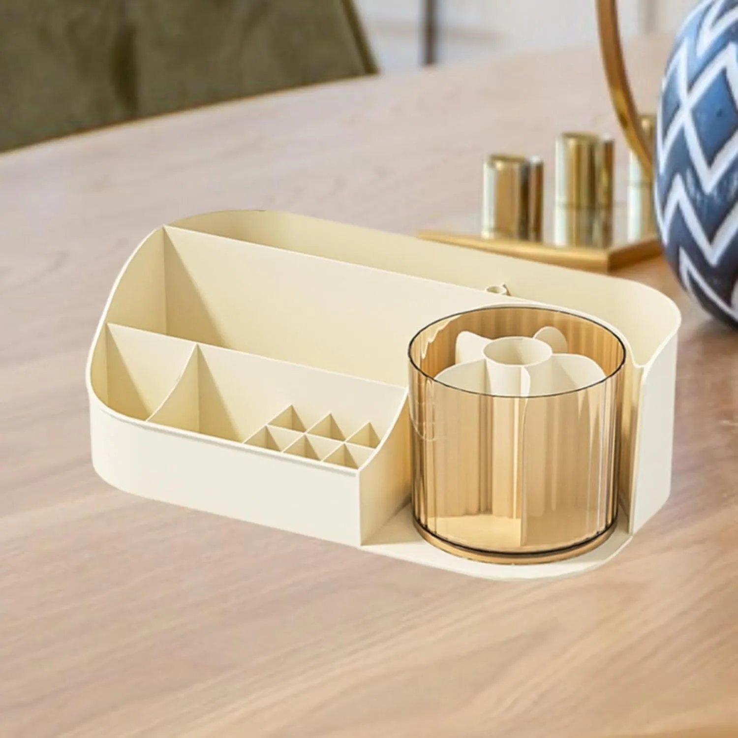 Makeup Desk Organizer Skincare Organiser, Decorative Lipstick Brush Holders Cosmetic Storage Countertop Organizer for Desktop, Beige Single