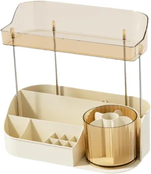 Makeup Desk Organizer Skincare Organiser Lipstick Brush Holders Cosmetic Storage Countertop Organizer for Vanity Brush, Beige Double