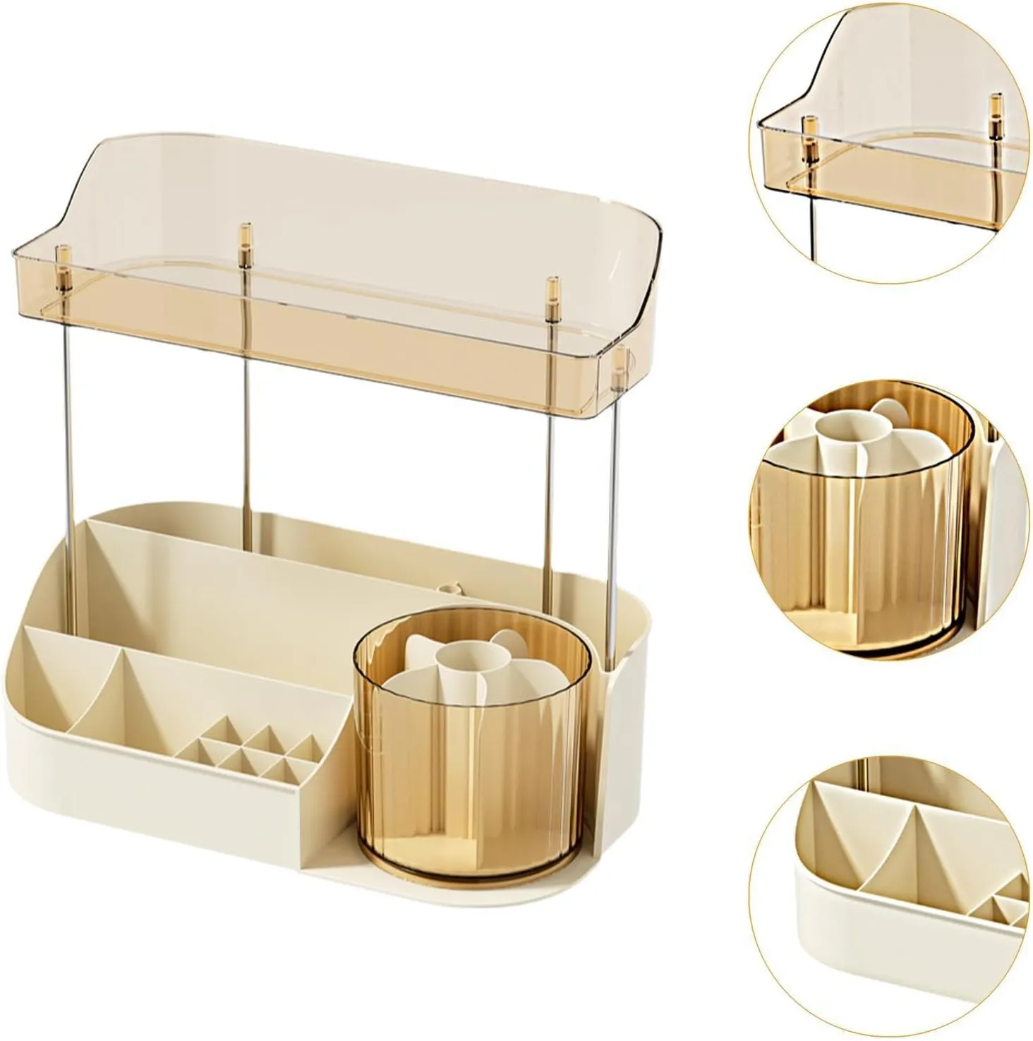 Makeup Desk Organizer Skincare Organiser Lipstick Brush Holders Cosmetic Storage Countertop Organizer for Vanity Brush, Beige Double