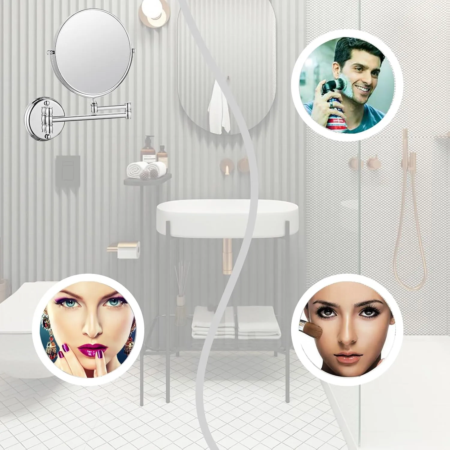 Makeup Mirror Wall Mounted, Cosmetic Mirror 3X/5X Magnification, 6 in Bathroom Shaving Vanity Mirror, Double Sided Vanity Mirror, Extendable Arm Cosmetic Mirror (Silver 3X)