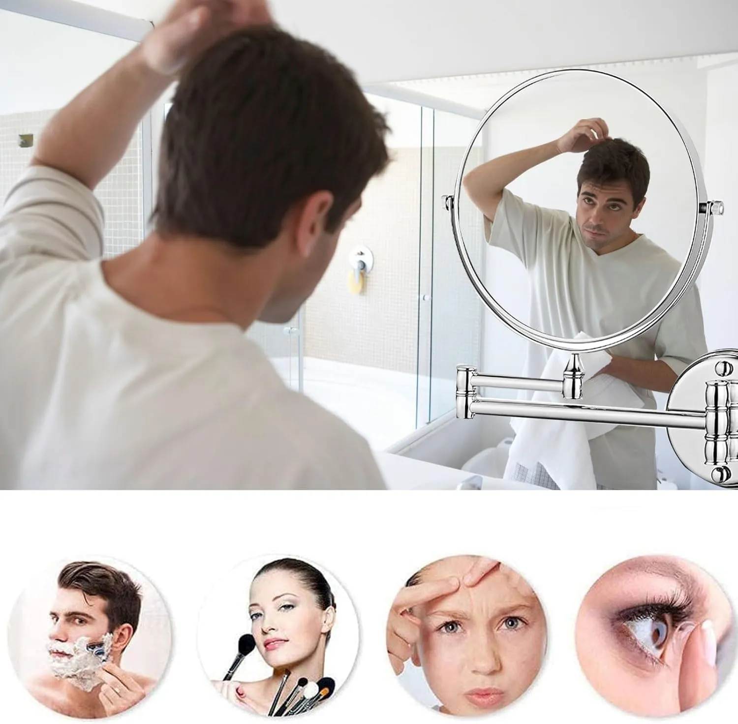 Makeup Mirror Wall Mounted, Cosmetic Mirror 3X/5X Magnification, 6 in Bathroom Shaving Vanity Mirror, Double Sided Vanity Mirror, Extendable Arm Cosmetic Mirror (Silver 3X)