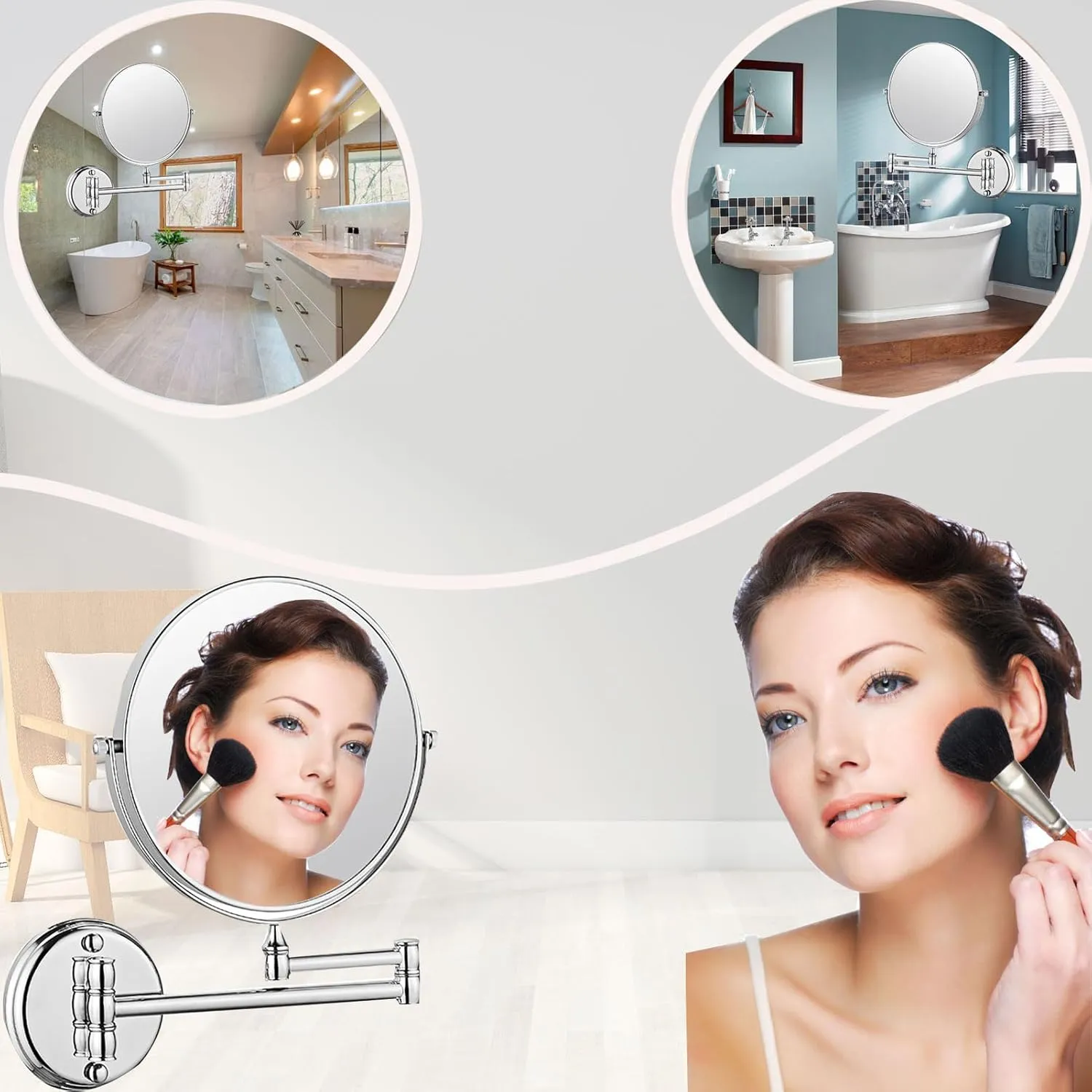 Makeup Mirror Wall Mounted, Cosmetic Mirror 3X/5X Magnification, 6 in Bathroom Shaving Vanity Mirror, Double Sided Vanity Mirror, Extendable Arm Cosmetic Mirror (Silver 3X)