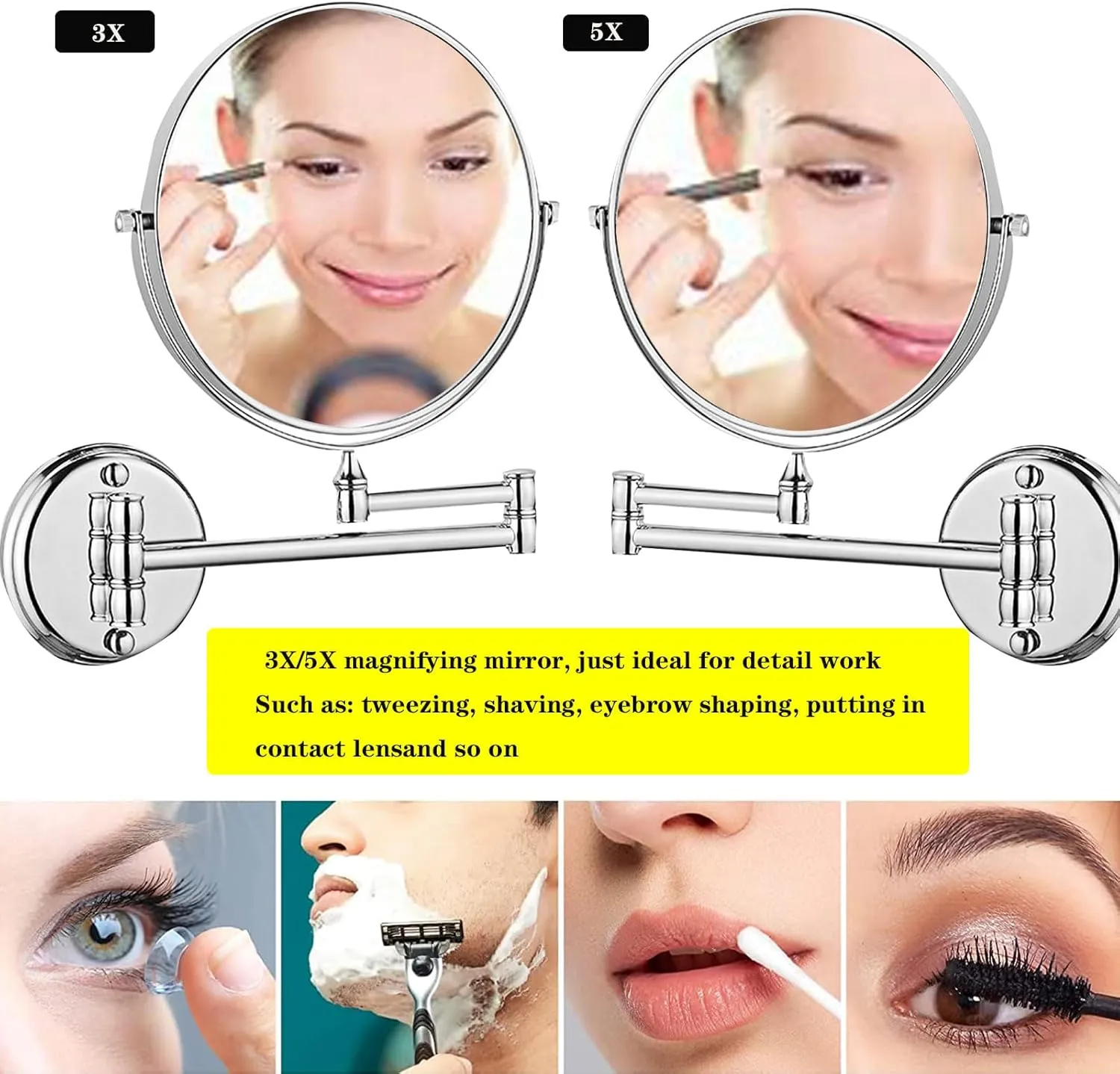 Makeup Mirror Wall Mounted, Cosmetic Mirror 3X/5X Magnification, 6 in Bathroom Shaving Vanity Mirror, Double Sided Vanity Mirror, Extendable Arm Cosmetic Mirror (Silver 3X)