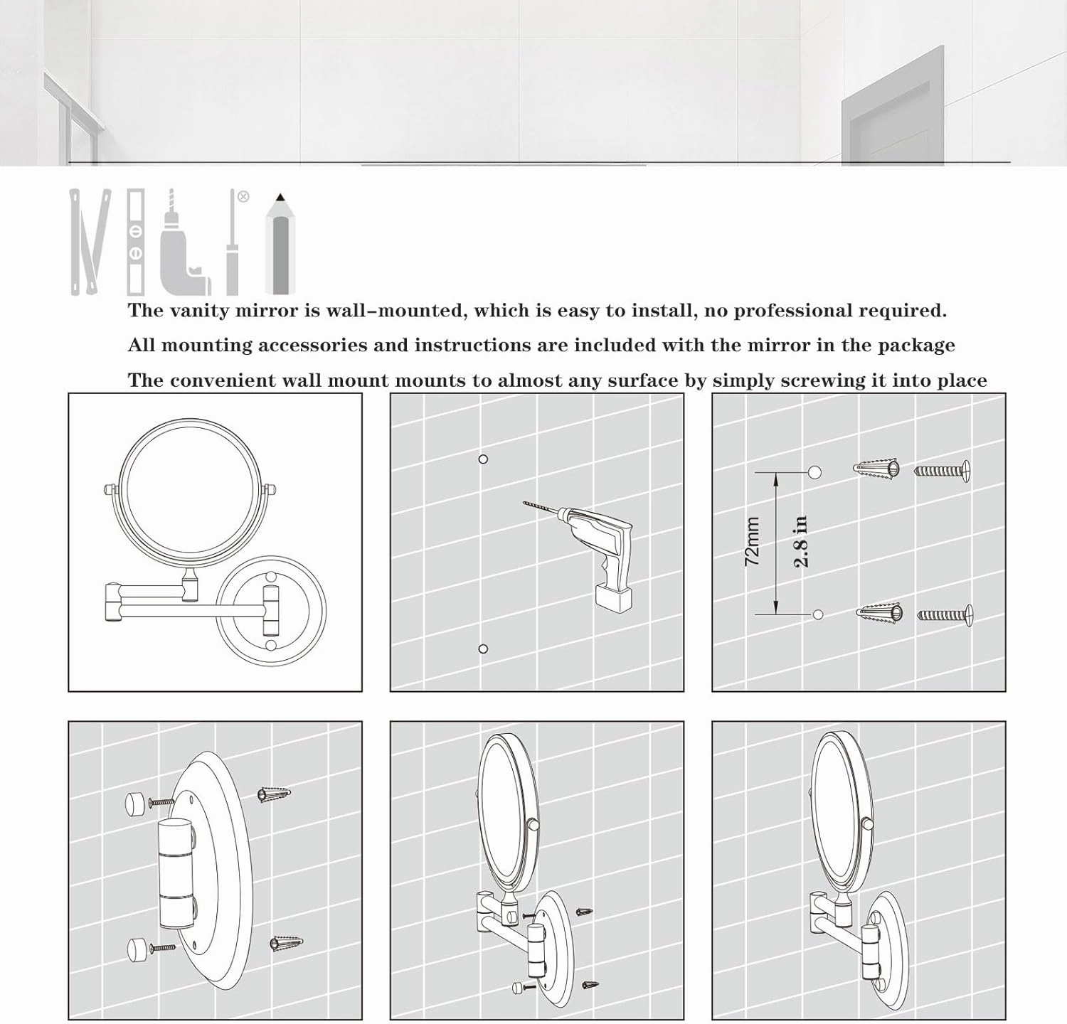 Makeup Mirror Wall Mounted, 360° Swivel Vanity Mirror, 6 in Extendable Long Arm Cosmetic Mirror, Cosmetic Mirror 3X/5X Magnification, for Shave, Put on Lipstick (Antique Copper 3X)