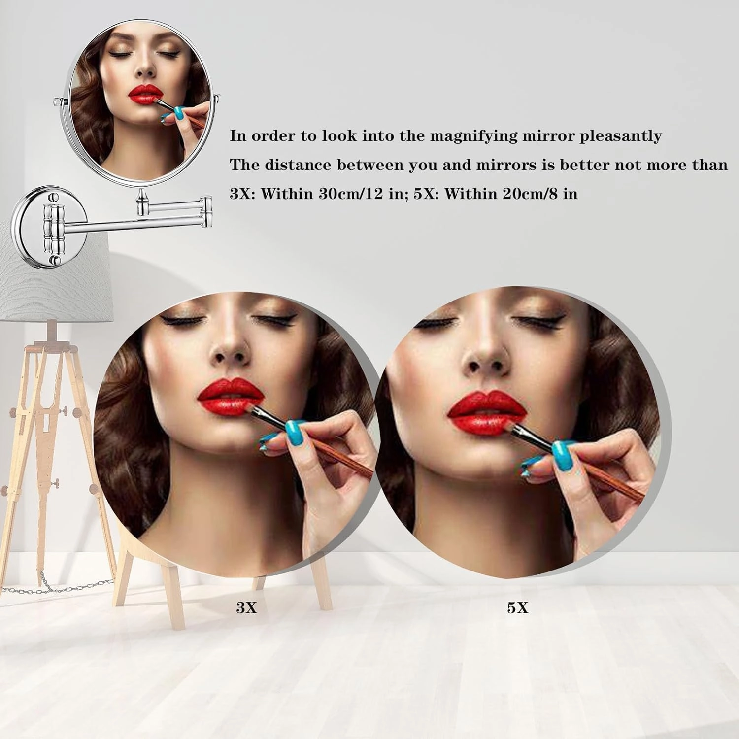 Makeup Mirror Wall Mounted, 360° Swivel Vanity Mirror, 6 in Extendable Long Arm Cosmetic Mirror, Cosmetic Mirror 3X/5X Magnification, for Shave, Put on Lipstick (Gold 3X)