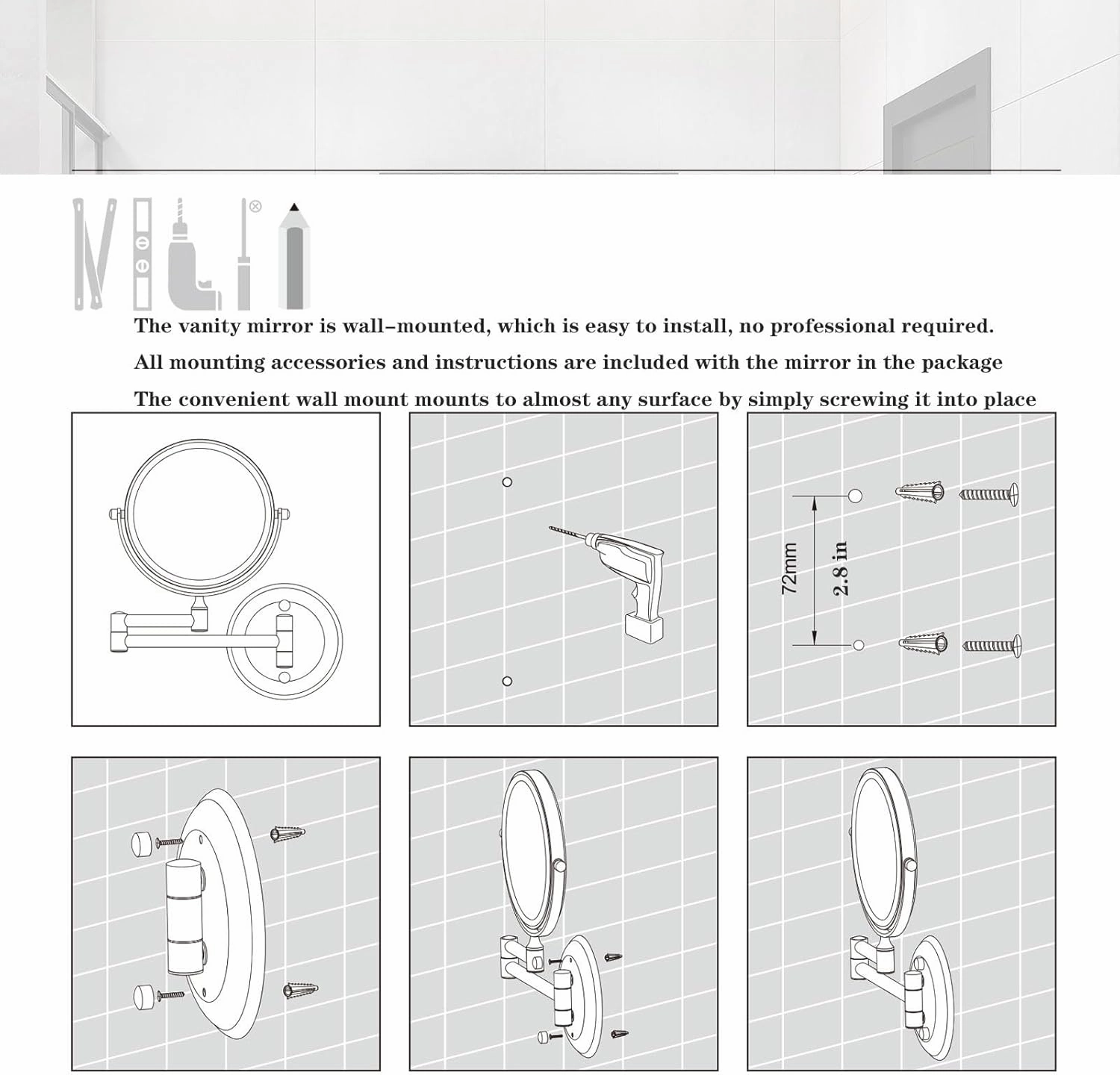 Makeup Mirror Wall Mounted, 360° Swivel Vanity Mirror, 6 in Extendable Long Arm Cosmetic Mirror, Cosmetic Mirror 3X/5X Magnification, for Shave, Put on Lipstick (Silver 5X)