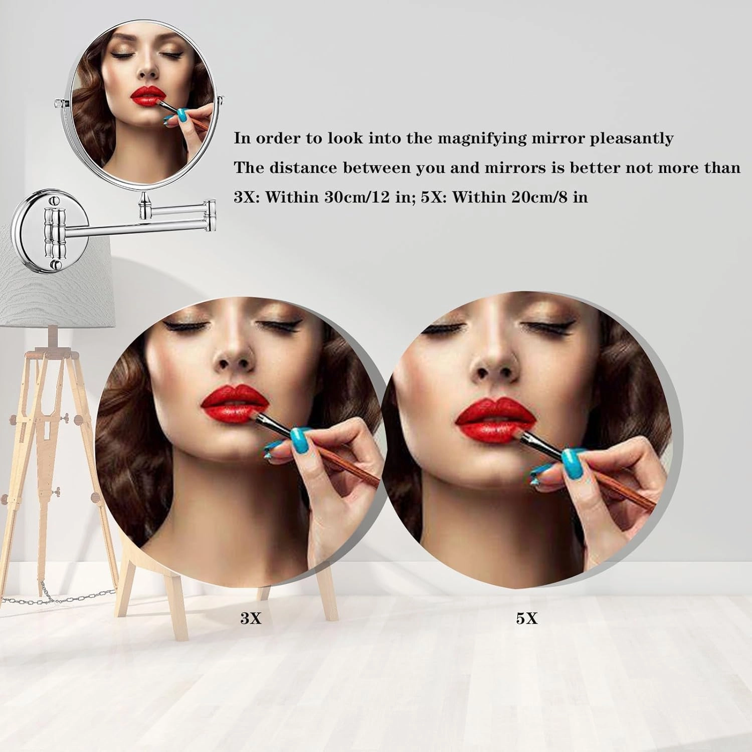 Makeup Mirror Wall Mounted, 360° Swivel Vanity Mirror, 6 in Extendable Long Arm Cosmetic Mirror, Cosmetic Mirror 3X/5X Magnification, for Shave, Put on Lipstick (Silver 5X)