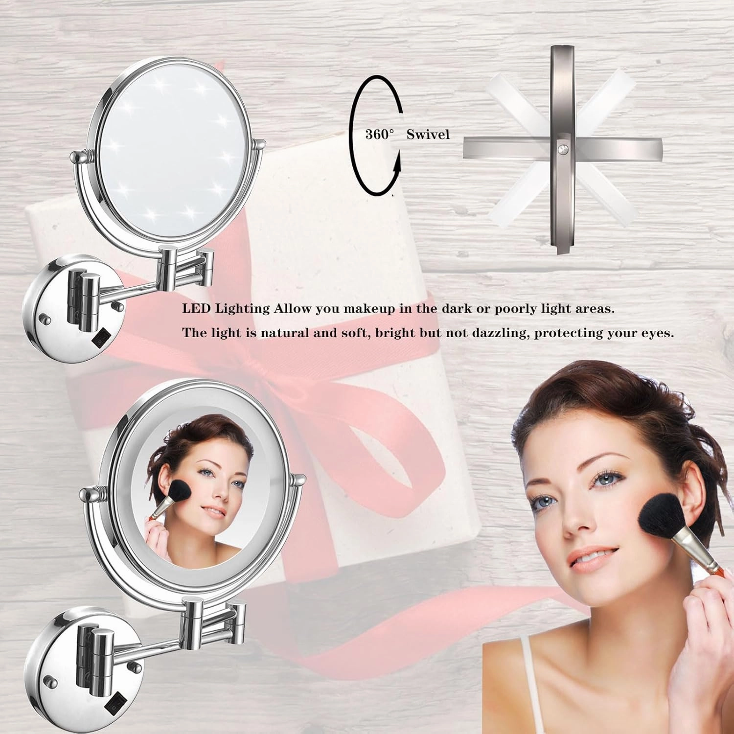 Makeup Mirror Wall Mounted, Bathroom Mirrors with LED Light, 3X/5X/7X/10X Magnifying Makeup Mirror, Double Sided Swivel Makeup Mirro, for Make up, Shave Wait (Silver Plug 7X)