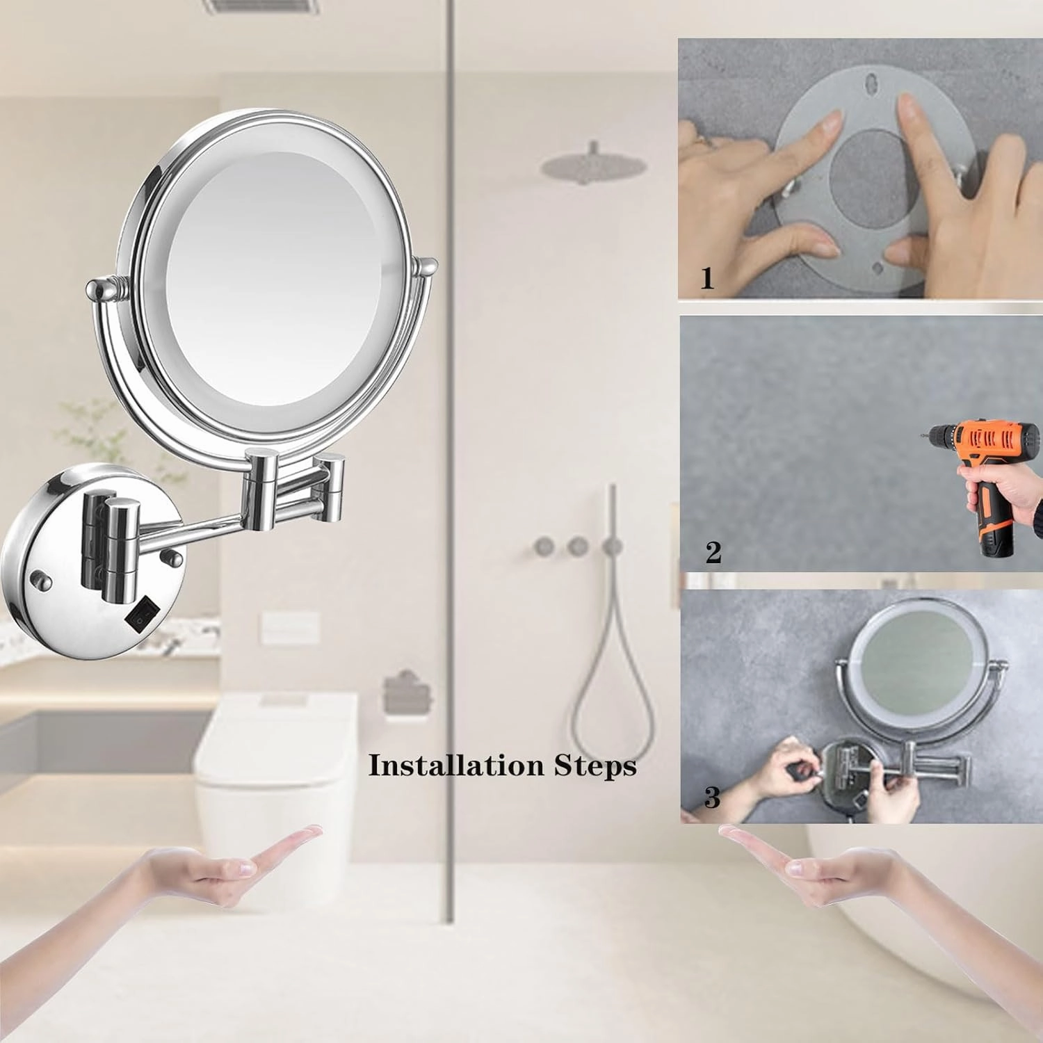 Makeup Mirror Wall Mounted, Bathroom Mirrors with LED Light, 3X/5X/7X/10X Magnifying Makeup Mirror, Double Sided Swivel Makeup Mirro, for Make up, Shave Wait (Silver Plug 7X)